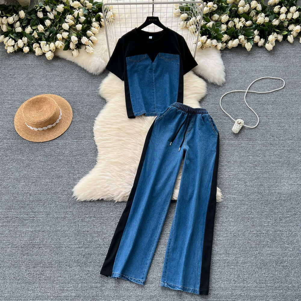 Chic hong kong style women's two-piece set: designer short-sleeve t-shirt with denim patchwork top + high-waisted casual straight-leg pants