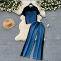 Chic hong kong style women's two-piece set: designer short-sleeve t-shirt with denim patchwork top + high-waisted casual straight-leg pants