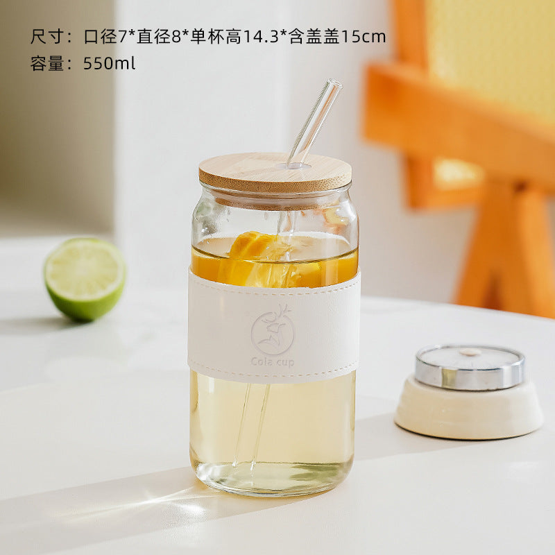 Amazon cross-border coke cup with straw, bamboo lid, juice cold drink cup, ins style glass water cup, personalized