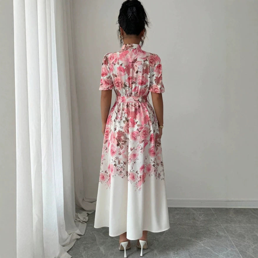 European and american niche fashion retro suit collar sleeveless cinched waist printed dress - women's slimming a-line elegant maxi dress