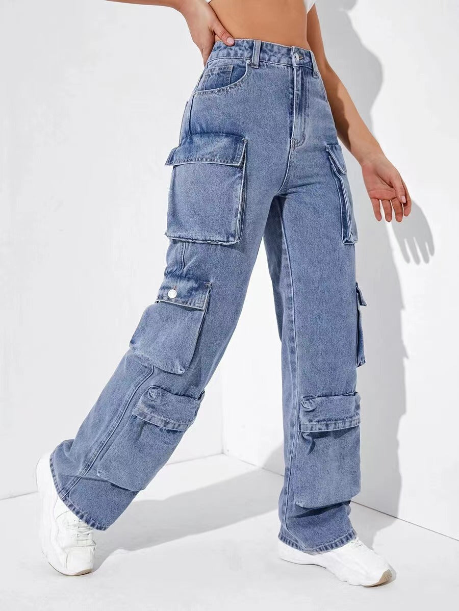 Y2k style hot-selling women's jeans: new  &  zipper multi-pocket straight-leg washed cargo pants
