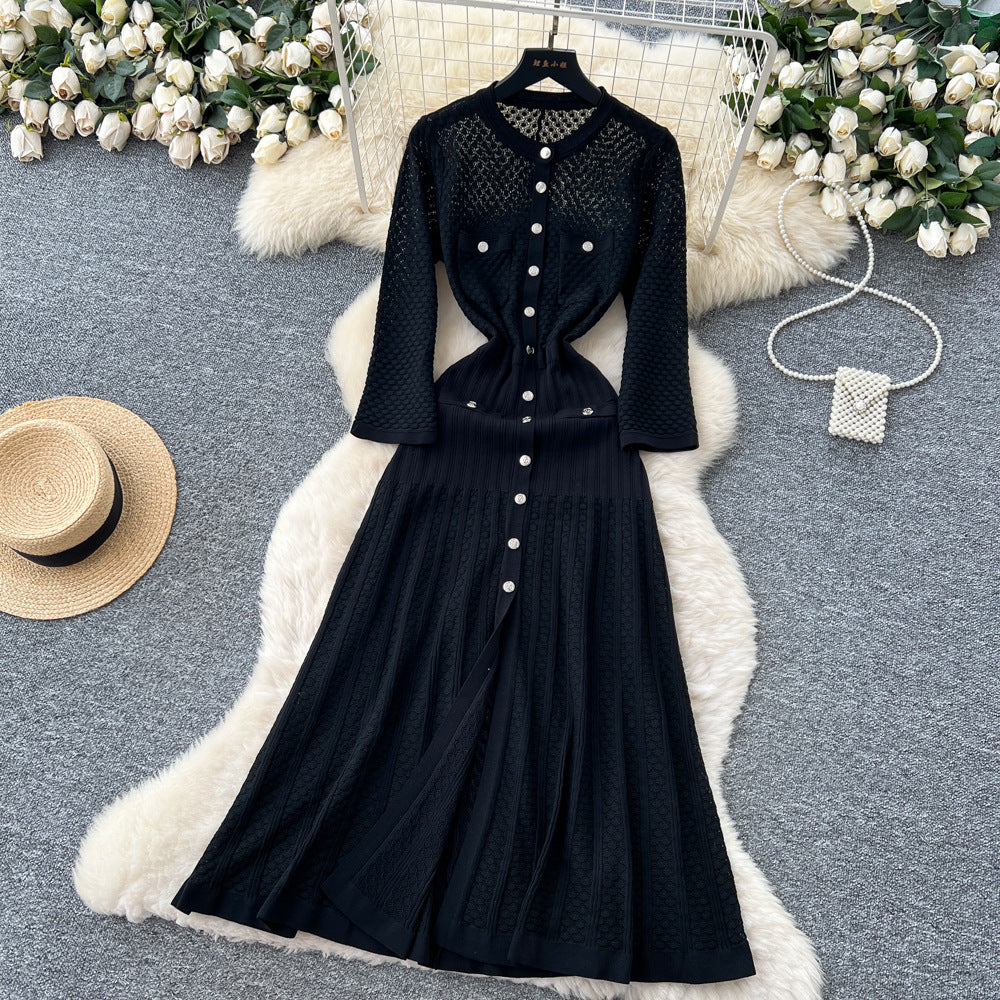 French gentle style niche heavy industry cut out crochet knittingdress women's autum metal button waist slit long skirt