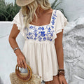 European and american cross-border women's lace square neck short sleeve embroidered blouse - new  spring/summer cool & casual style