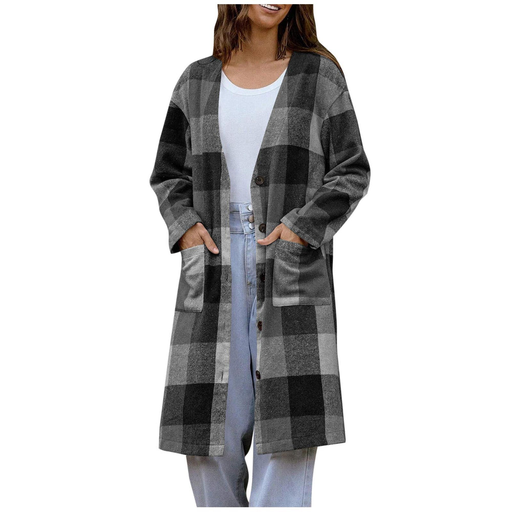 fashion cross-border casual woolenplaid medium long flap pocket pants button long sleevescardiganfashionoutwear