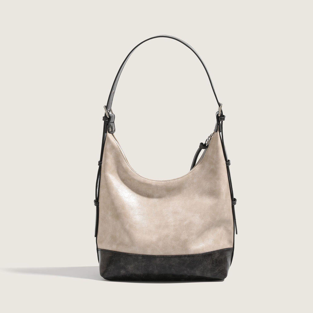 Contrasting color tote bag women's large-capacity fashionable and versatile shoulder bag PU leather texture trendy leisure bag high-end bucket bag