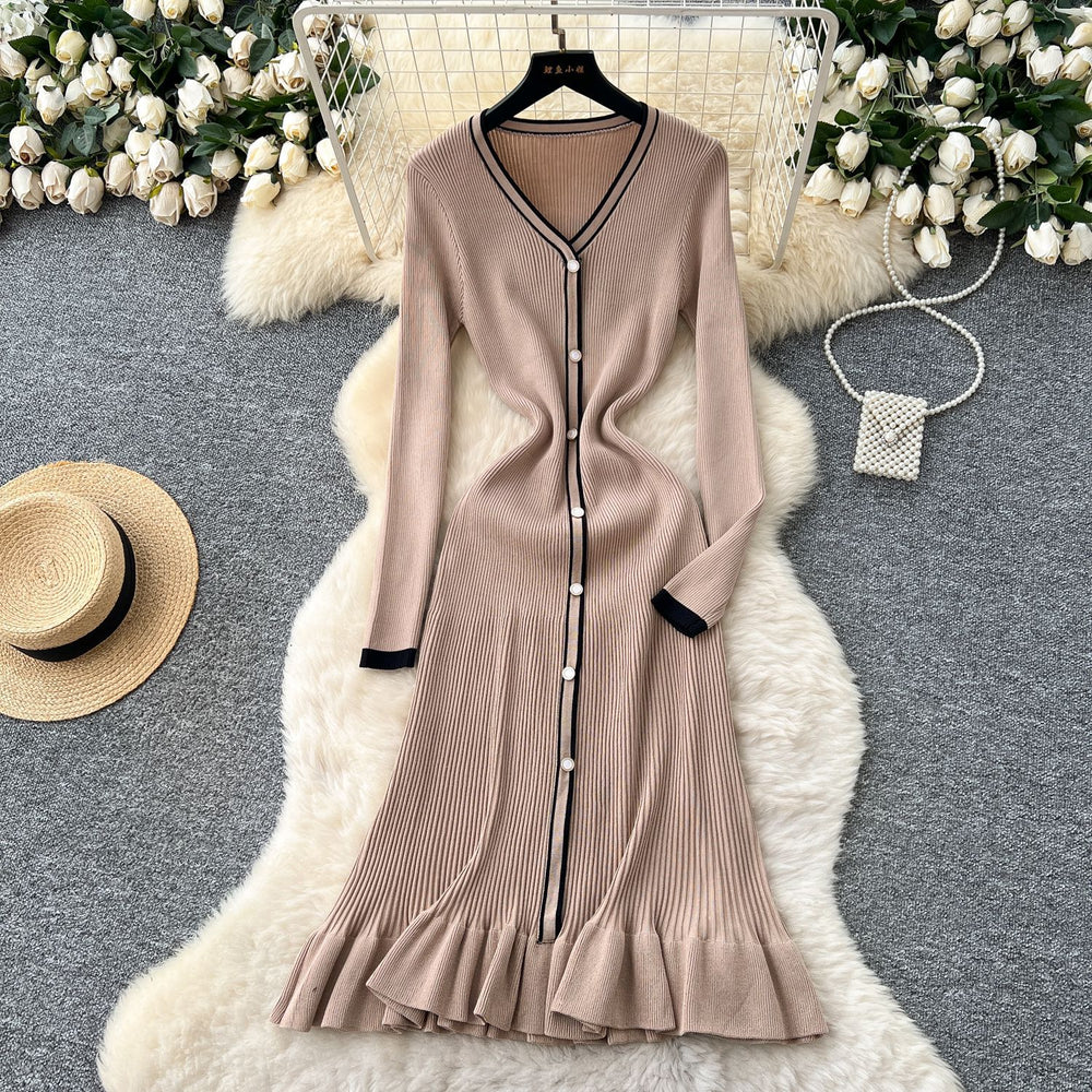Classysense niche style celebrity contrast colorv necklong sleeves single breasted waist knittingdress women's inner fishtail long skirt