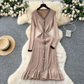 Classysense niche style celebrity contrast colorv necklong sleeves single breasted waist knittingdress women's inner fishtail long skirt