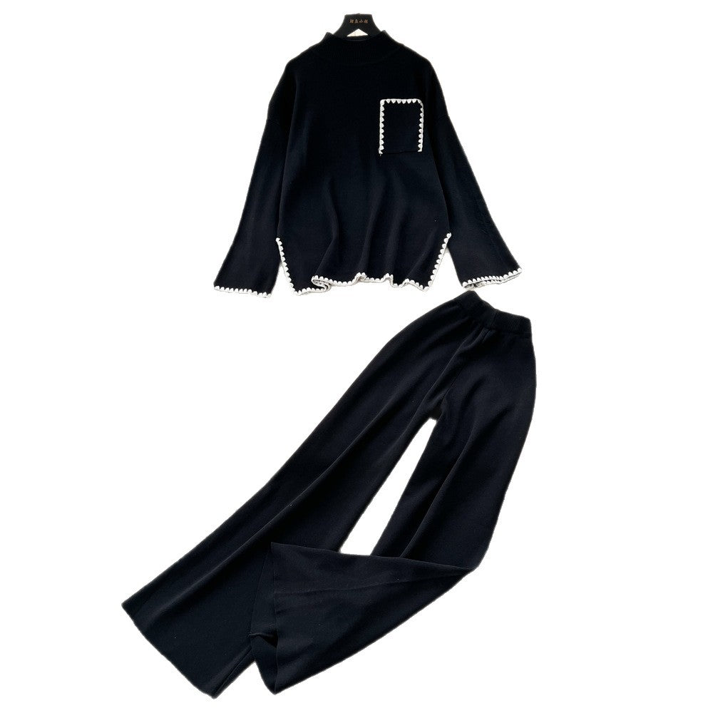 Women's sweater set - autumn/winter loose fit fashion color block crew neck long sleeve knit top & high waist wide leg pants two-piece outfit