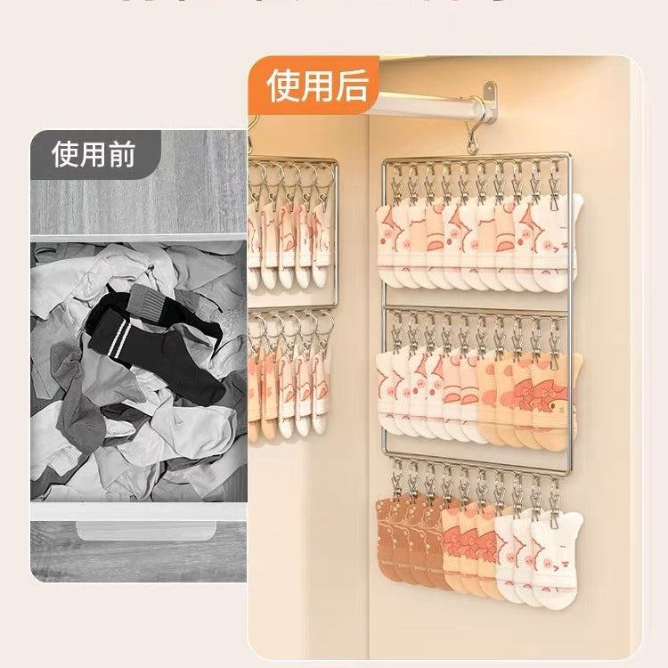 Stainless steel thickened multi-head clothes hanger with multiple clips for drying socks, multi-functional drying rack for underwear, windproof sock drying rack
