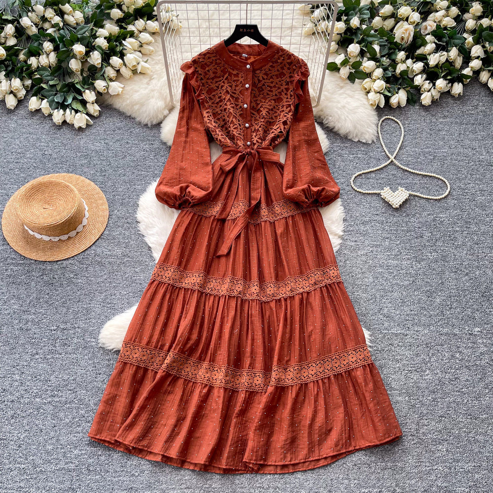 Frenchretro style lacepatchworkdress women's spring long k-style sleeve waist a-line skirt elegant over-the-knee long skirt