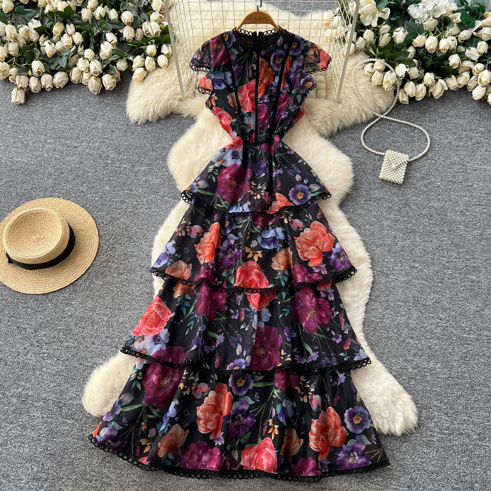 French retro print sleeveless cake dress - women's summer high-waisted ruffle hem a-line maxi dress - vacation style