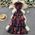 French retro print sleeveless cake dress - women's summer high-waisted ruffle hem a-line maxi dress - vacation style