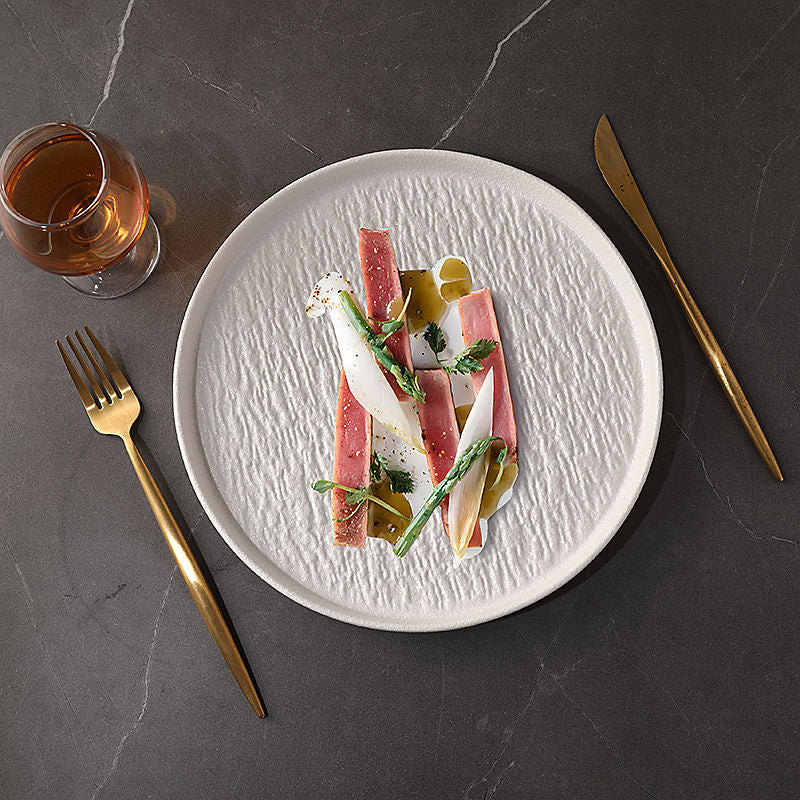 Japanese-style premium black and white ceramic dinnerware - high-end rock texture dinner plates for home use - round steak and chop dishes for restaurants