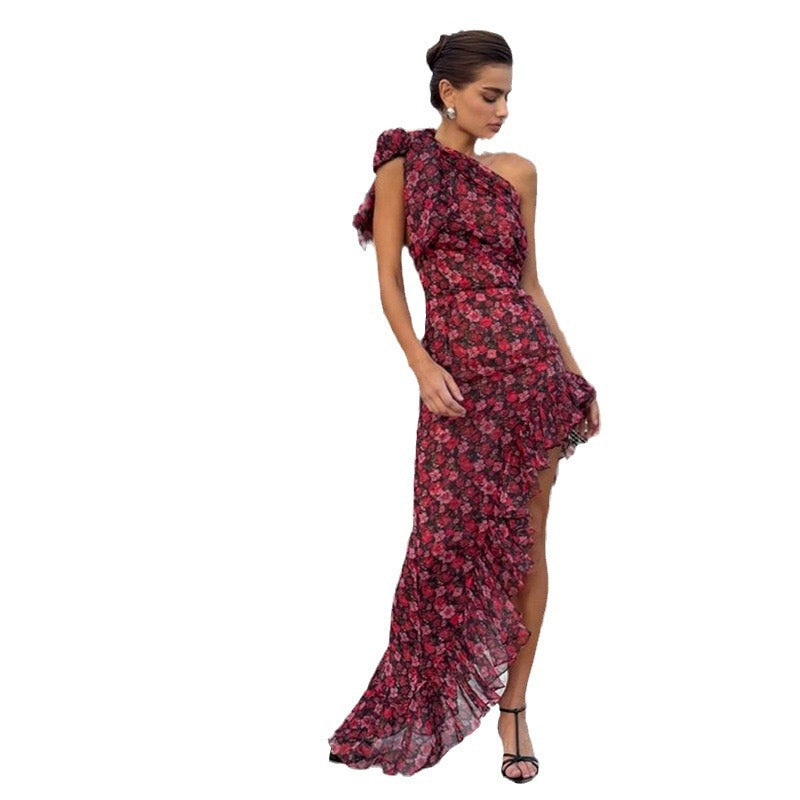 summer new european and american style women's sexy one-shoulder ruffle print asymmetrical dress
