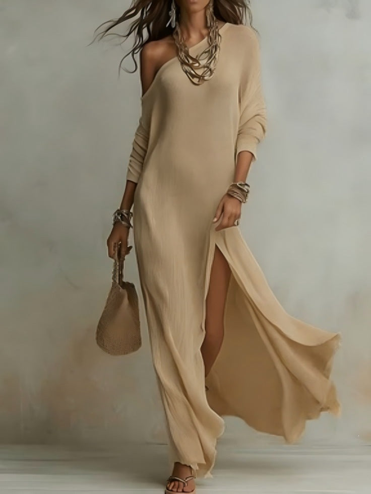 summer european and american cross-border independent station new arrivalelegancelong sleevesknitting pleated slit women's dress