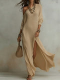 summer european and american cross-border independent station new arrivalelegancelong sleevesknitting pleated slit women's dress