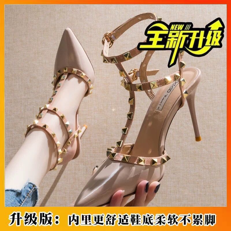 Studded stiletto heels women's 2024 new single strap buckle non-slip work shoes outer wear backless versatile pumps