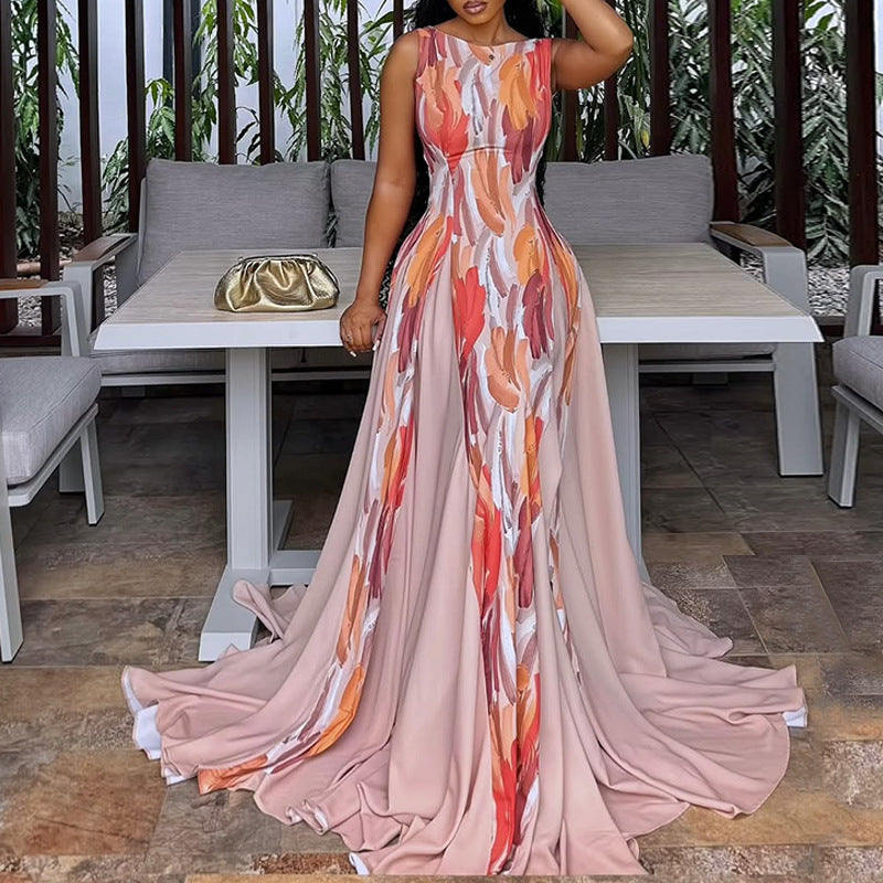 European and american cross-border women's fashion:  autumn new arrival - elegant round neck printed swing dress, sleeveless slim-fit maxi dress