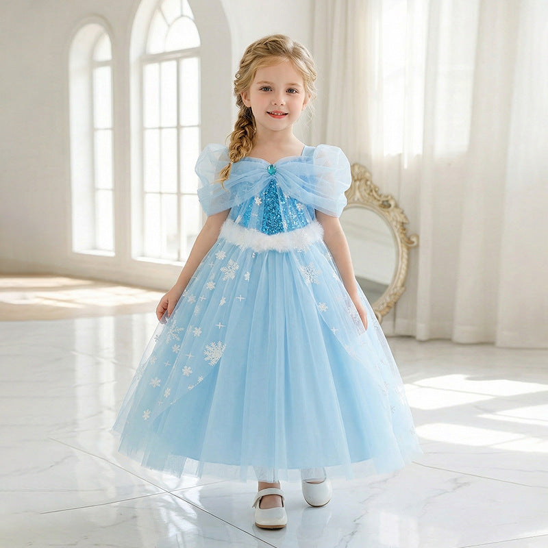 Frozen-themed cosplay costume for girls: princess dress with sequined cape, tulle train, and puffy flower girl skirt
