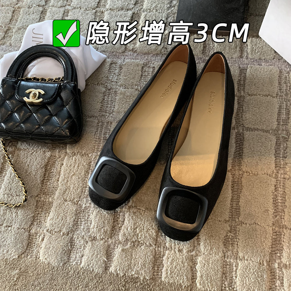Black french square buckle flatsflatsflats round toe slip-on hidden heel suede work clothing women's shoes low heel casual