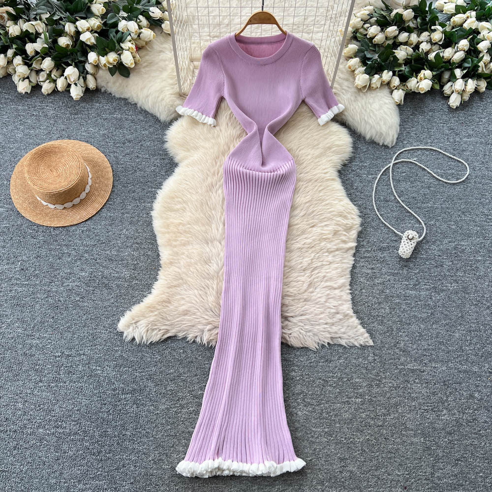 K-styleknitting round neck short sleeve dress women's summer slim slimming look waist bag hip long skirt work clothingaccessible luxury style