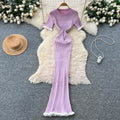 K-styleknitting round neck short sleeve dress women's summer slim slimming look waist bag hip long skirt work clothingaccessible luxury style