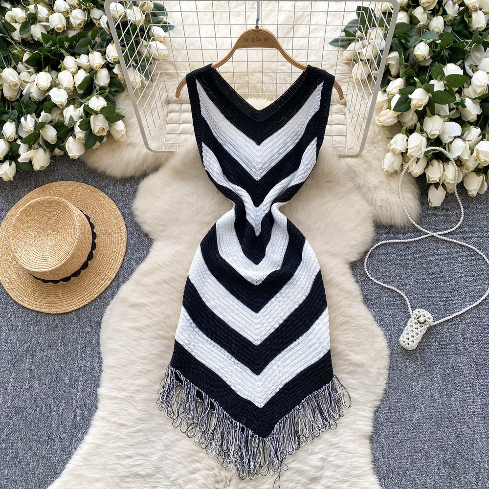 Women's vacation outfit: summer retro color block argyle slim fit asymmetrical tassel dress