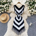 Women's vacation outfit: summer retro color block argyle slim fit asymmetrical tassel dress