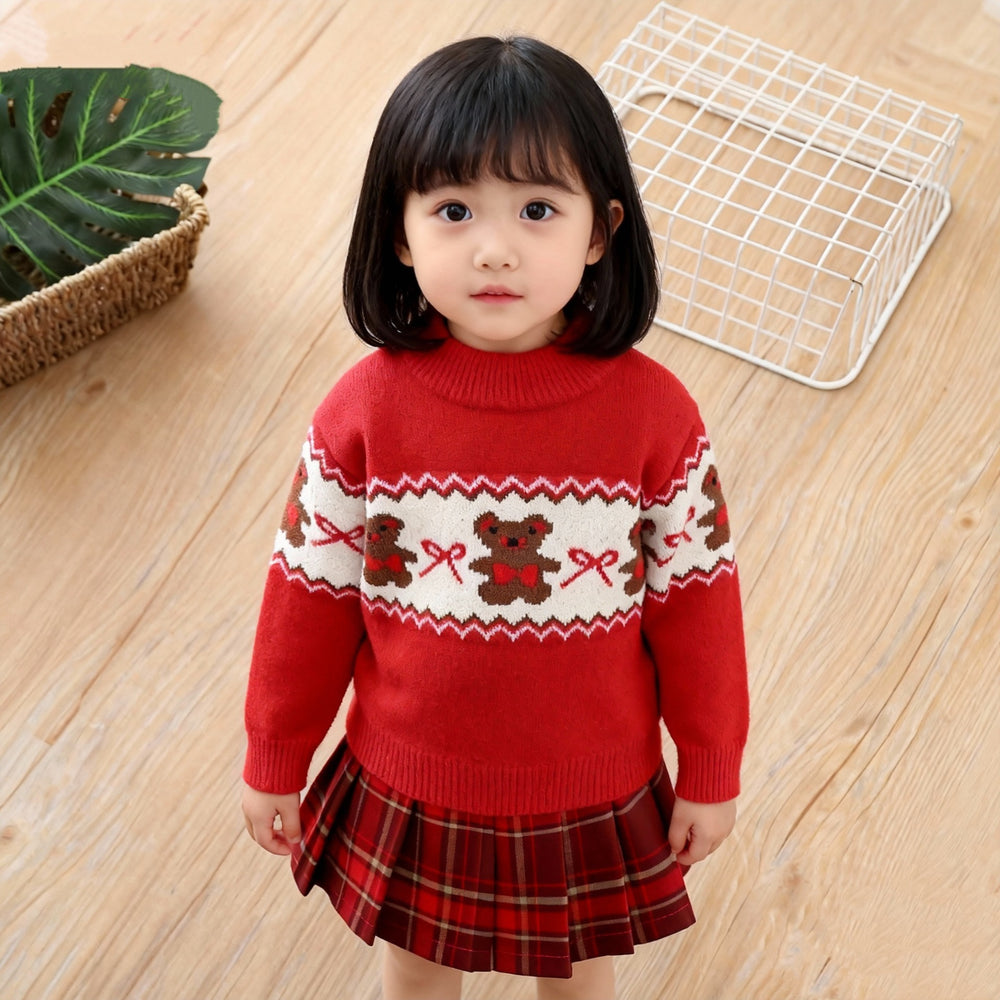 Girls' fall/winter sweater: thickened red base layer with bow and bear design - winter knitted wool sweater for big kids