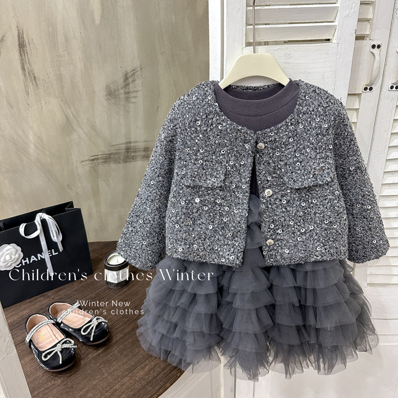 Girls' outfit set -  winter collection: stylish sequin two-piece set with quilted jacket and fleece-lined dress