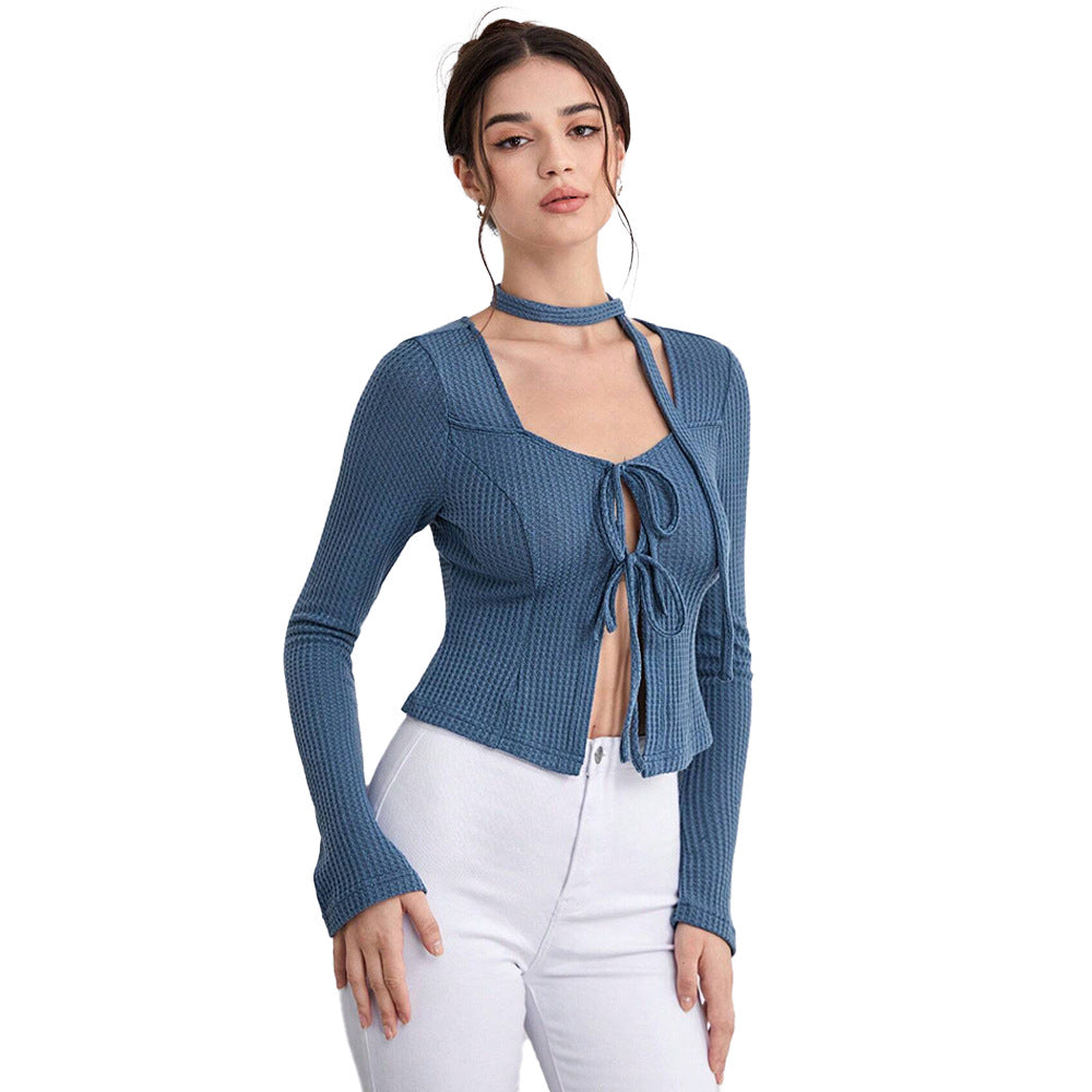 Cross-border European and American sexy cardigan 2024 autumn and winter women's clothing straps hollow waffle long-sleeved t-shirt temperament top