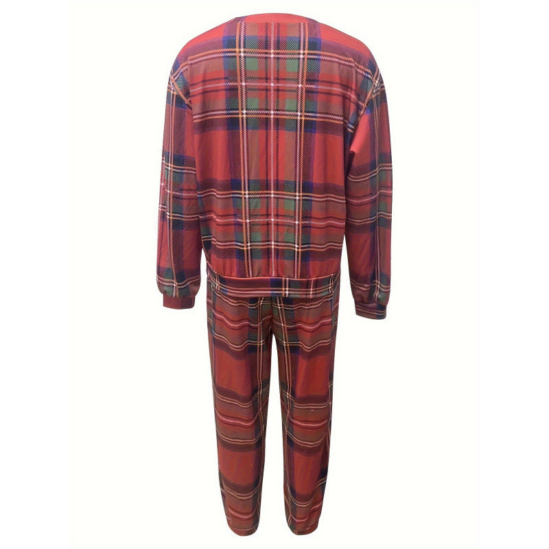 women's plaid cat print plus size two-piece outfit: long sleeve crewneck top and drawstring sweatpants