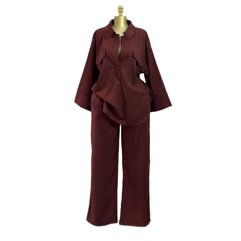 European and american women's clothing  autumn new collection: sweet and fresh turn-down collar long-sleeve shirt and high-waisted straight-leg pants two-piece set