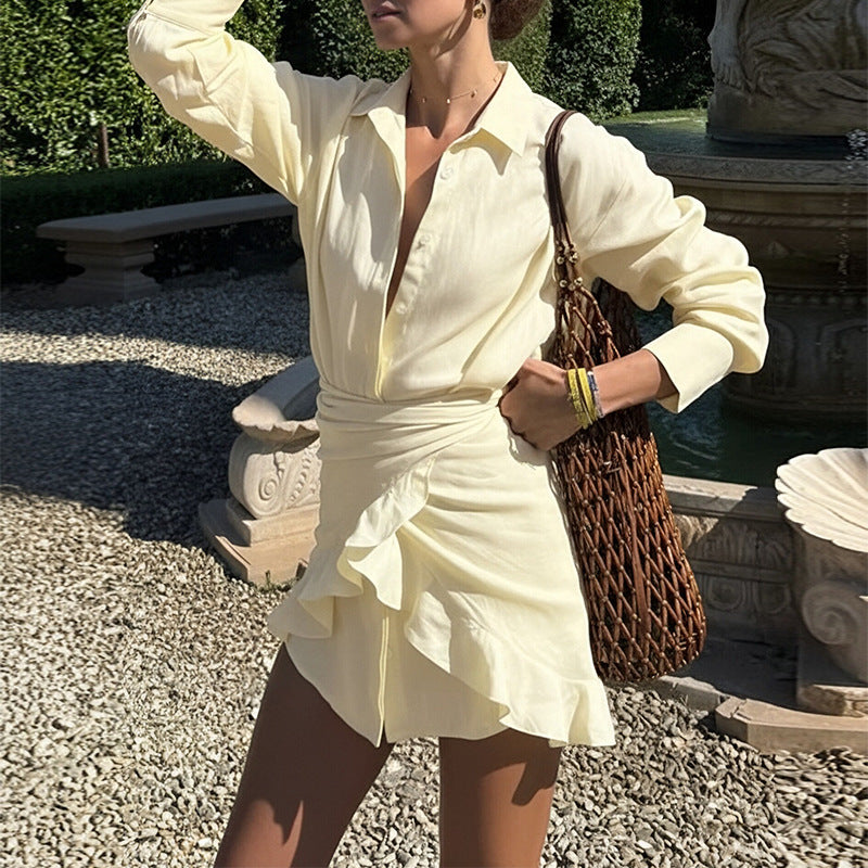 women's summer new arrivals: cross-border european & american fashion - elegant solid color turn-down collar tie-waist casual set