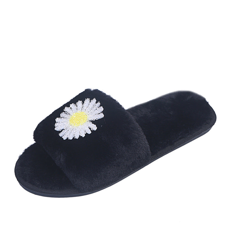 Winter japanese-style daisy print couple's slippers, indoor floor warm home shoes, postpartum care faux rabbit fur plush slippers