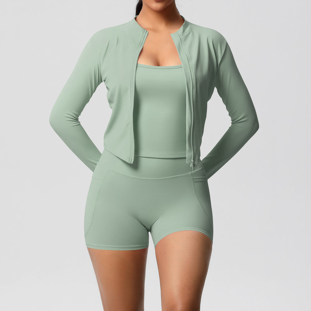 Cloud-feel outdoor leisure sports three-piece set: high-waisted, tight-fitting, pocketed, quick-dry yoga, pilates, running, and fitness apparel