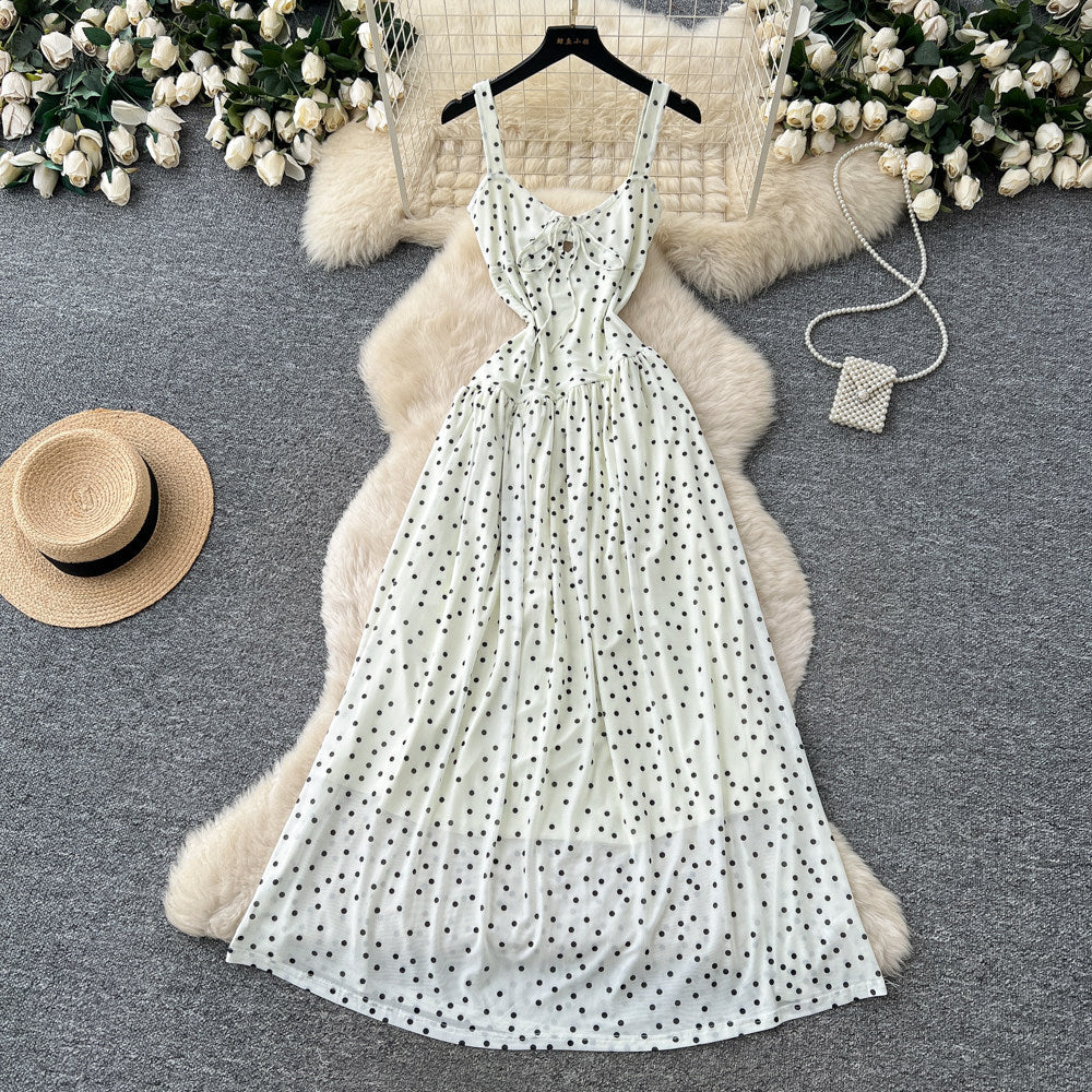 French polka dot suspender pure desire backless dress women's summer k-style sleeveless waist slimming lookelegant long skirt holiday style