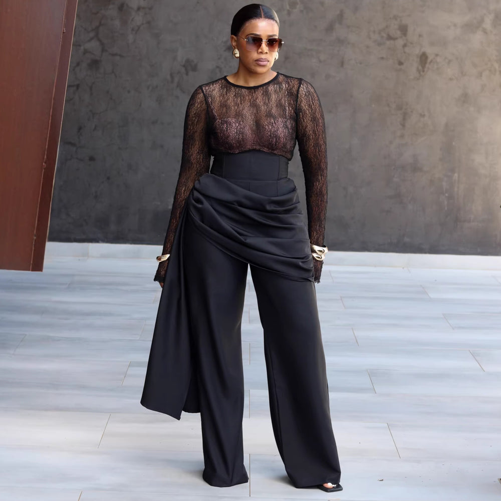 European and american cross-border women's fashion  summer new sexy chic round neck see-through top and design-driven pants set