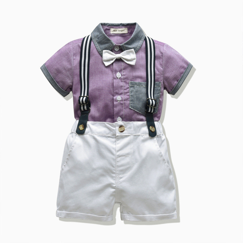 Export boys' summer suitkids gentleman's single flap pocket pants short sleeve t-shirt suspender shorts two-piece set children's clothing wholesale