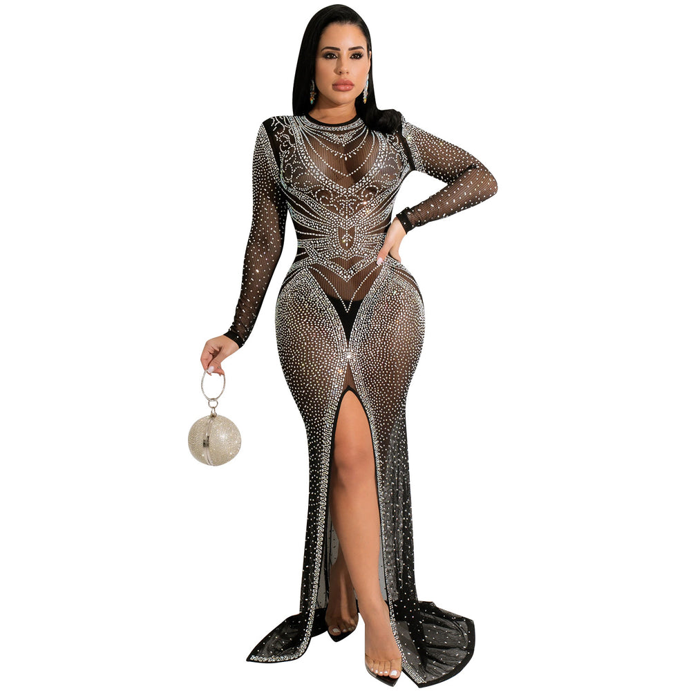 X5595  fashionable european and american style nightclub rhinestone embellished women's mesh see-through long sleeve slit maxi dress