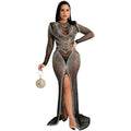 X5595  fashionable european and american style nightclub rhinestone embellished women's mesh see-through long sleeve slit maxi dress