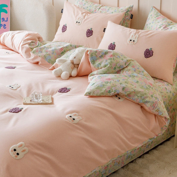 New cotton ins wind cute towel embroidery four-piece set pure cotton bed sheet quilt cover children's small dormitory three-piece set
