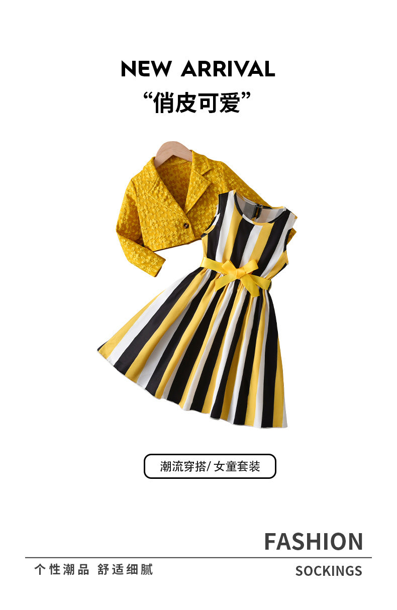 Girls' two-piece foreign trade dress set: yellow and black vertical striped sundress with jacquard cardigan and collared jacket