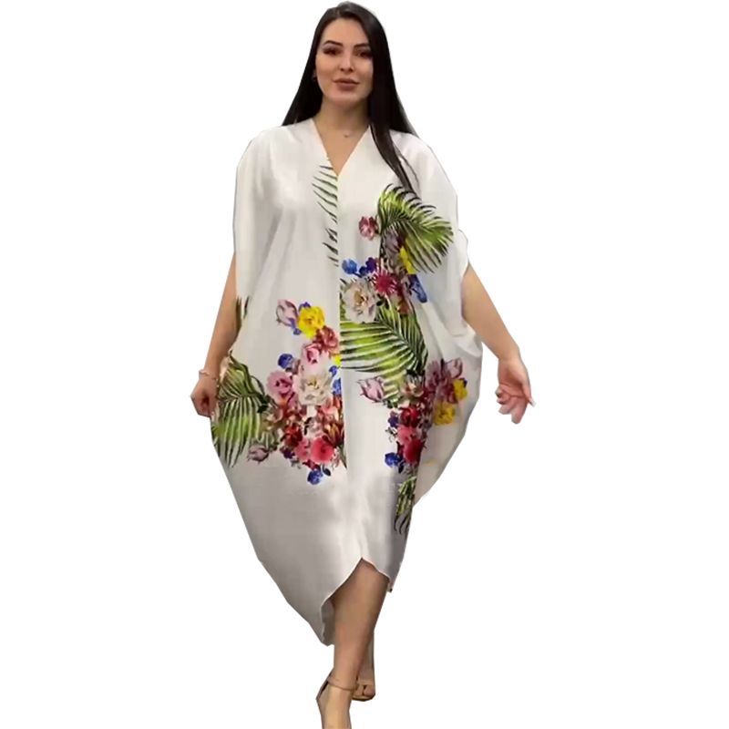 Faux silk printed loose fit plus size women's african style batwing sleeve maxi dress