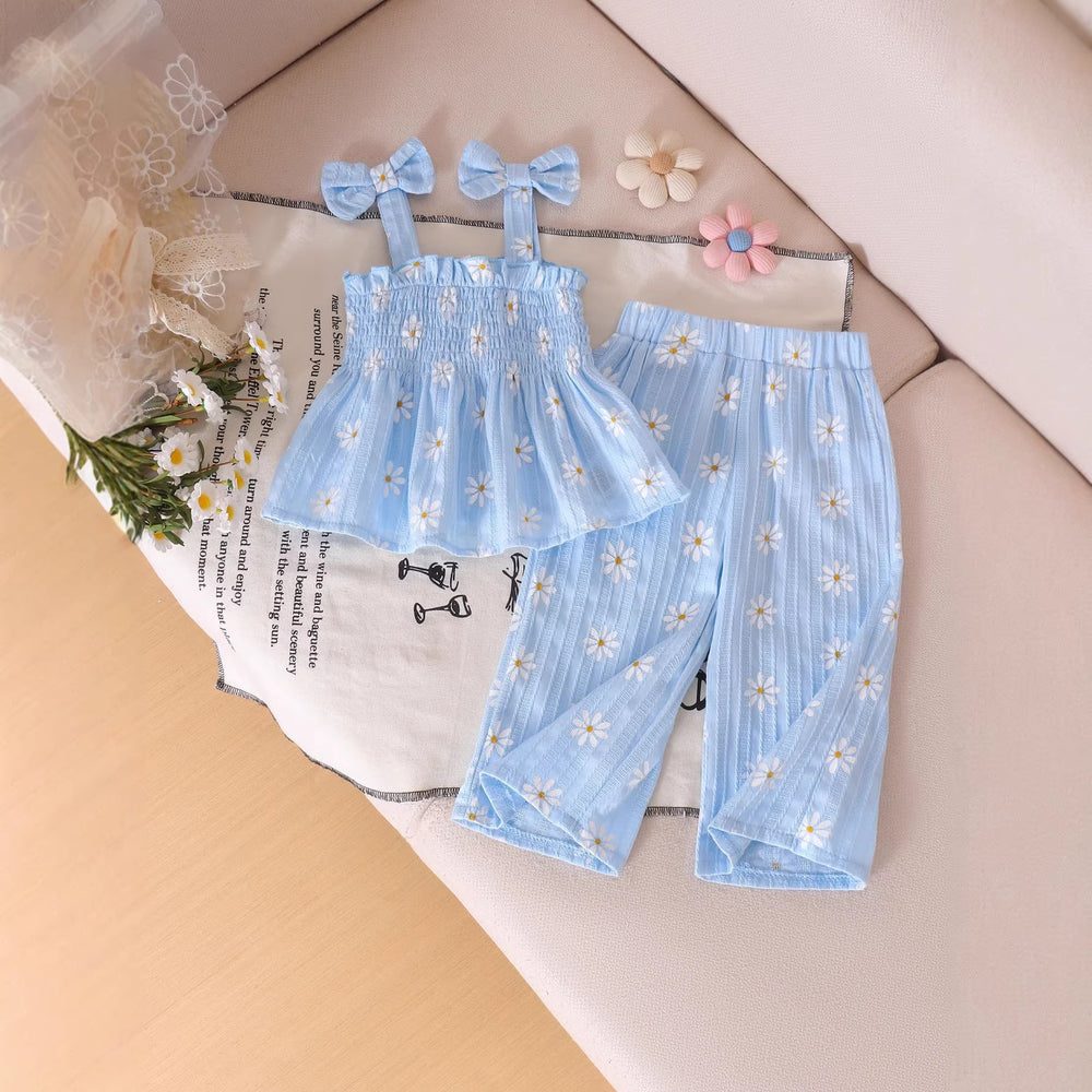 Girls' summer casual outfit: ruched waist cami top & daisy print pants - fresh & stylish summer wear for kids