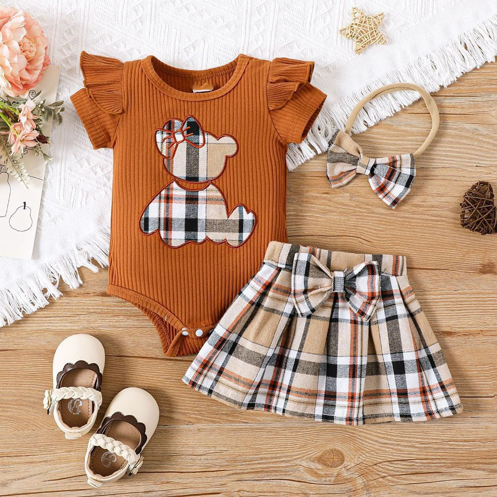 ins newborn infant baby girl summer style bear appliqué embroidered bodysuit triangle romper plaid butterfly