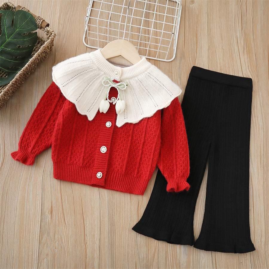 Girls' knitted sweater two-piece set -  autumn/winter new collection - handmade floral pants set for baby girls