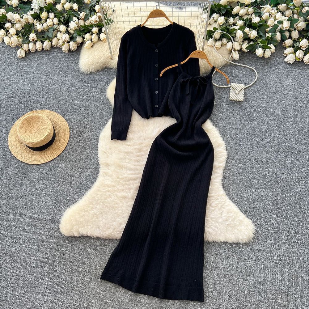 Feminine eleganttwo-piece set autumn classy waist suspender knittingdress+long sleevescardiganoutwear