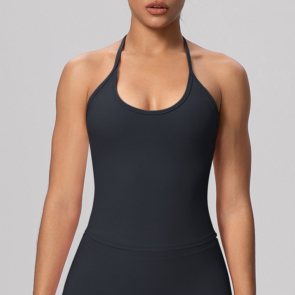 Strappy halter back yoga tank top with padded bra - activewear, casual, compression, quick-dry fitness top for women