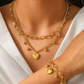Stainless steel european and american style heart bead double layer necklace and bracelet set - premium women's jewelry